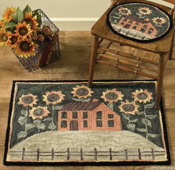 House and Sunflowers Hooked Chair Pad Park Designs