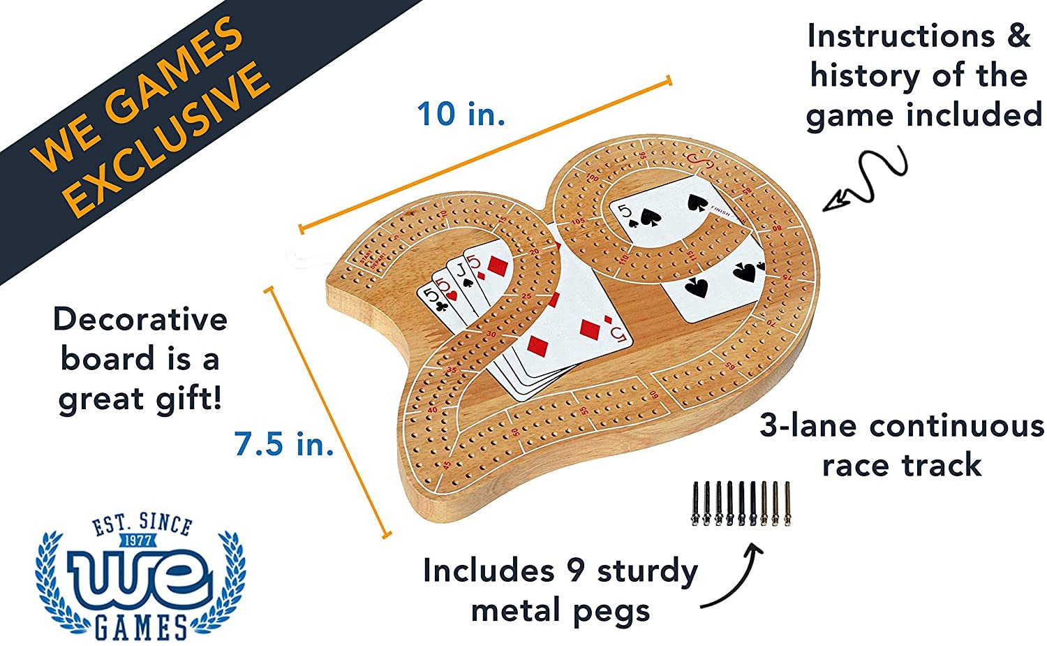 Classic 29 Cribbage Set - Solid Wood 3 Track Board with Pegs