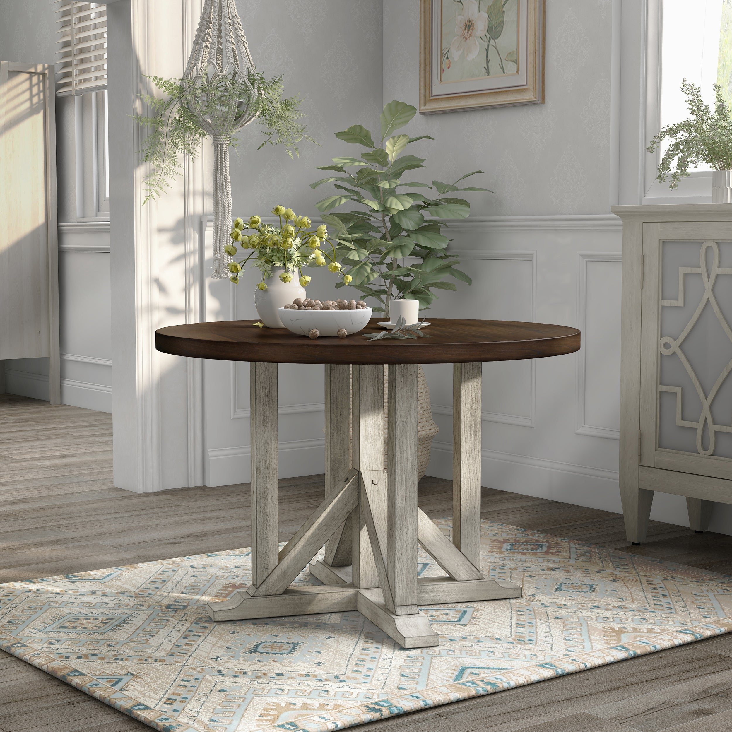 Hersden Rustic Dark Oak and Antique White 47-in Round Dining Table