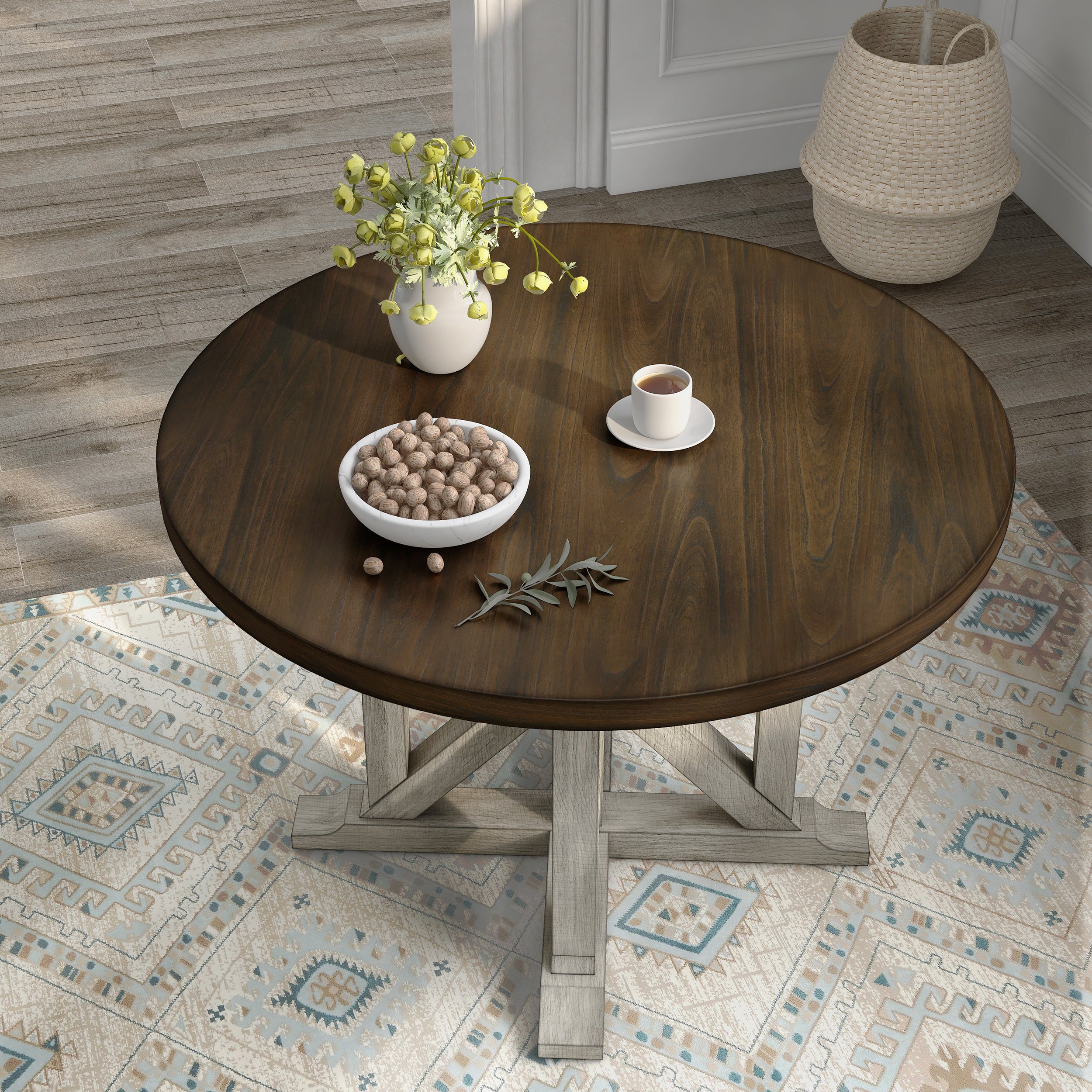 Hersden Rustic Dark Oak and Antique White 47-in Round Dining Table