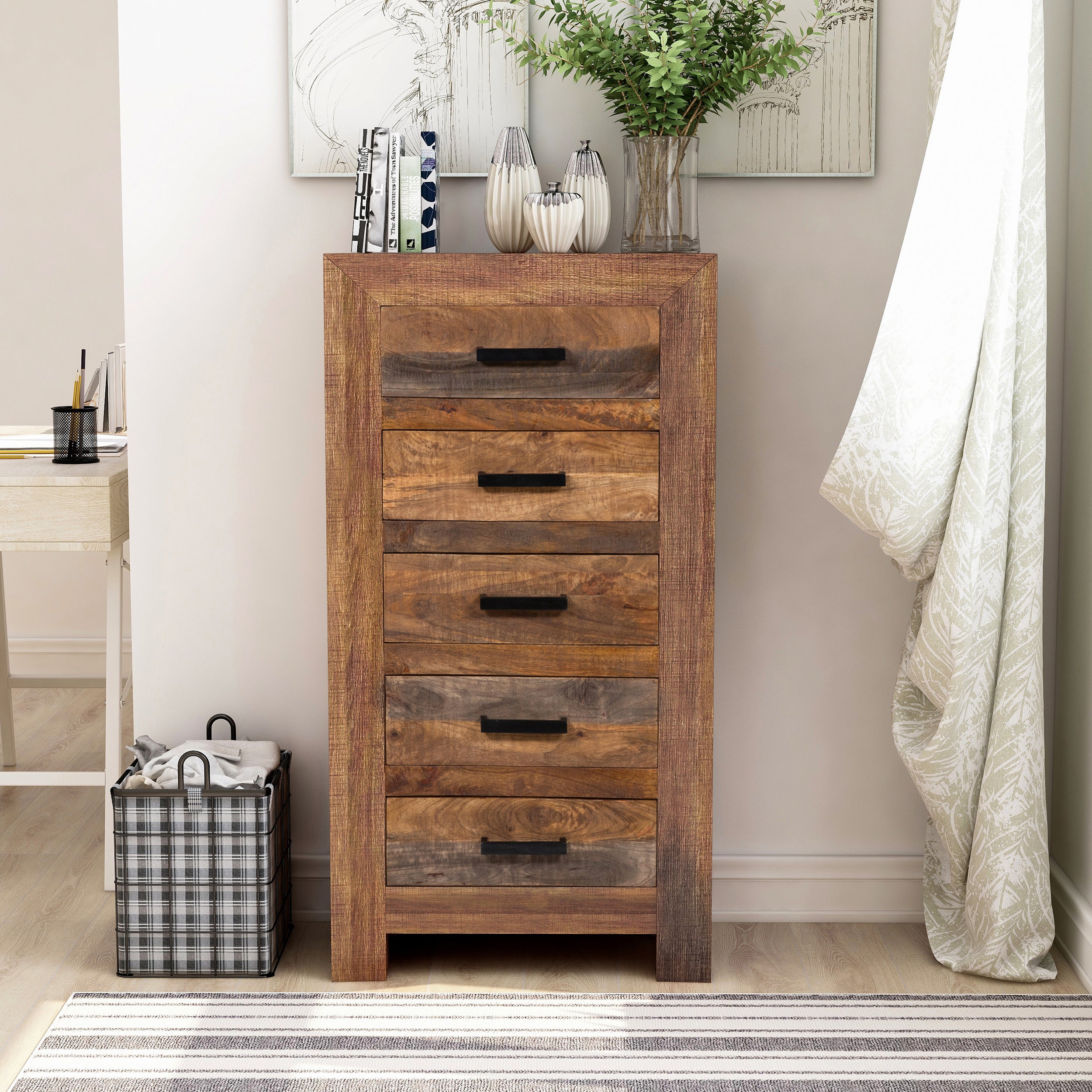 Nikita Rustic Unfinished Solid Mango Wood 5-Drawer Tall Dresser