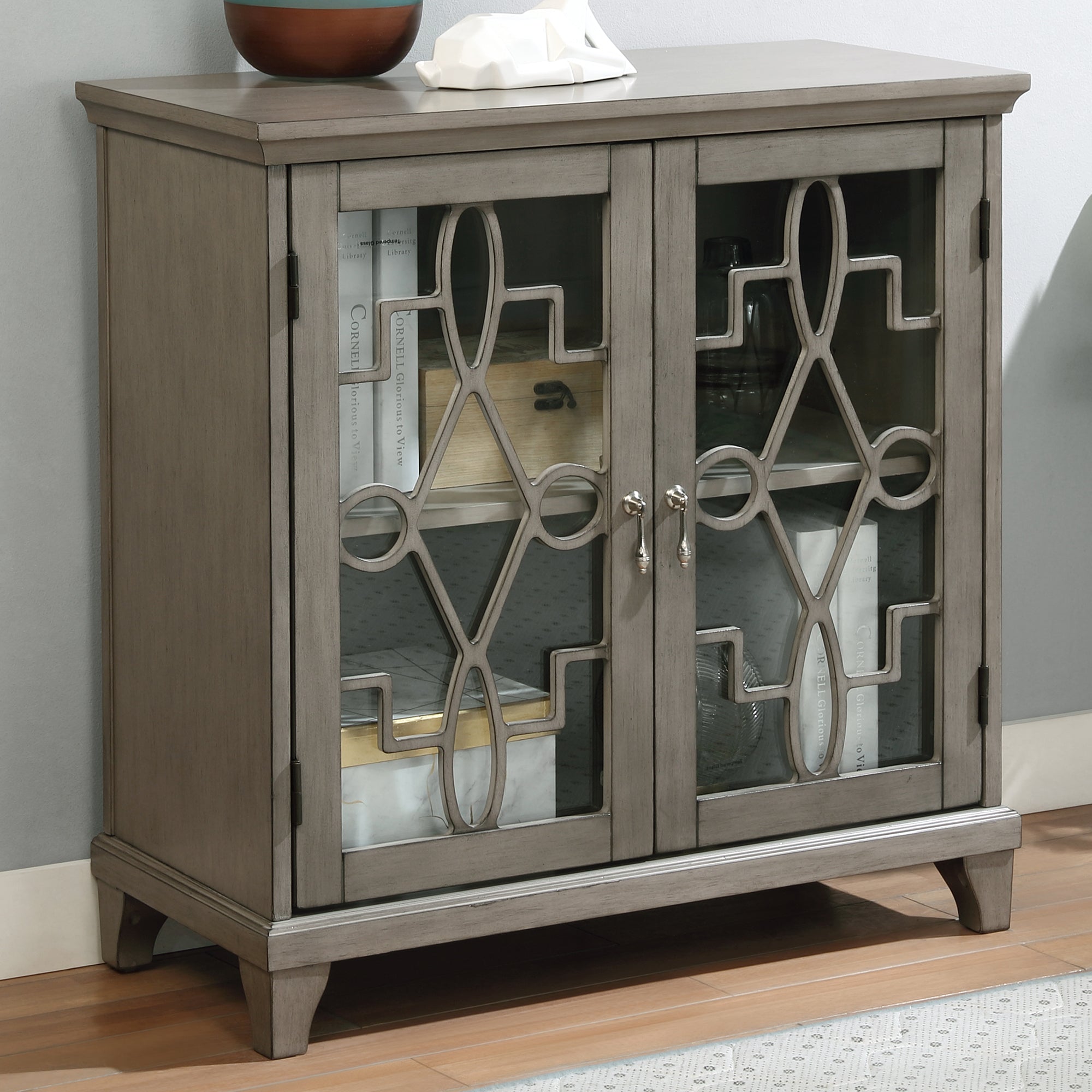 Yvonne Grey Overlayed Glass-Door 2-Shelved Hallway Display Cabinet