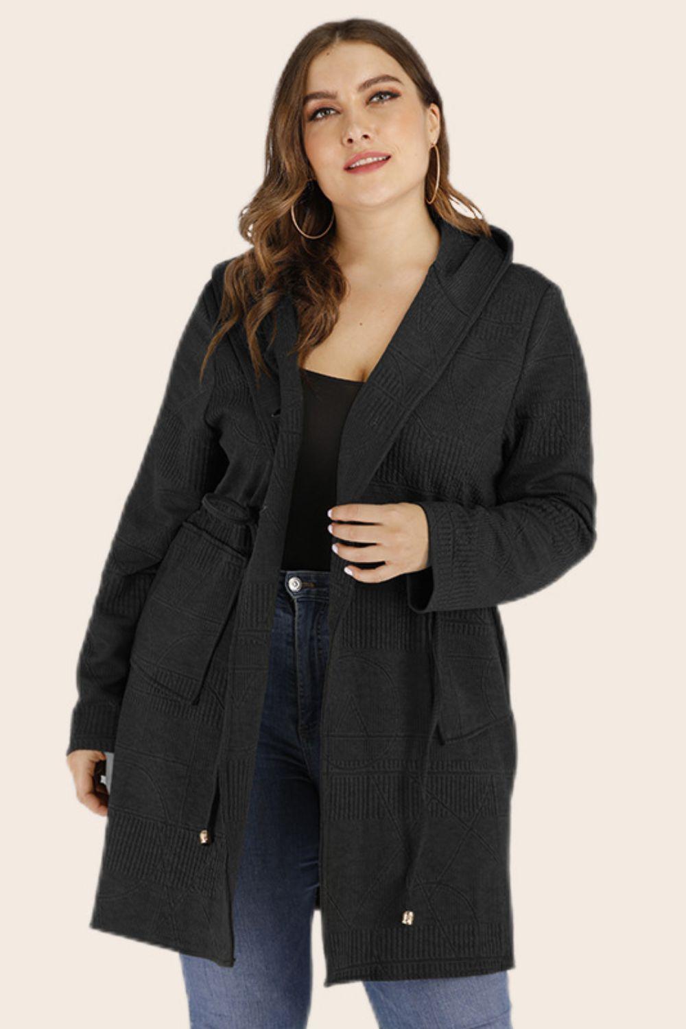 Plus Size Women Drawstring Waist Hooded Cardigan with Pockets