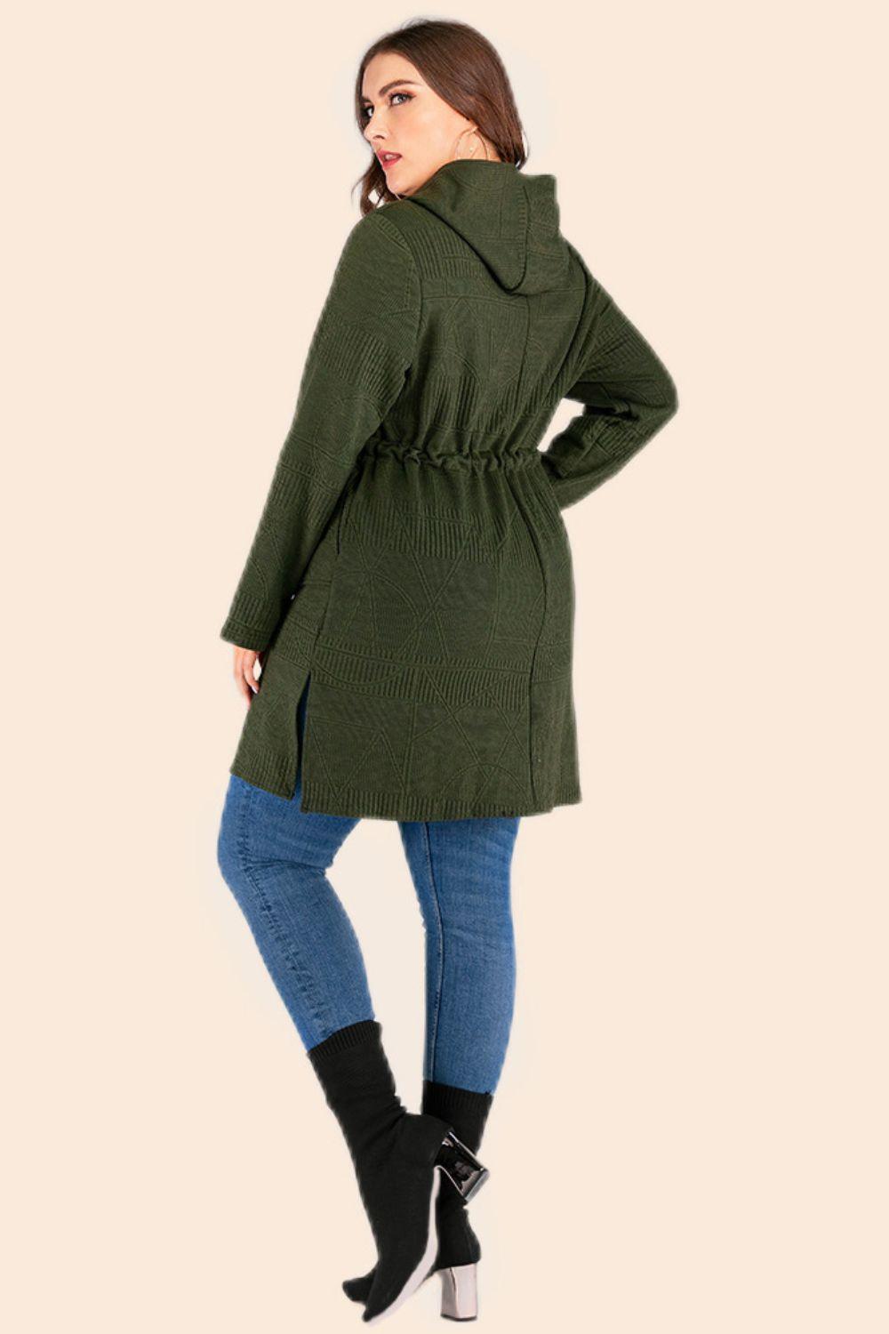 Plus Size Women Drawstring Waist Hooded Cardigan with Pockets