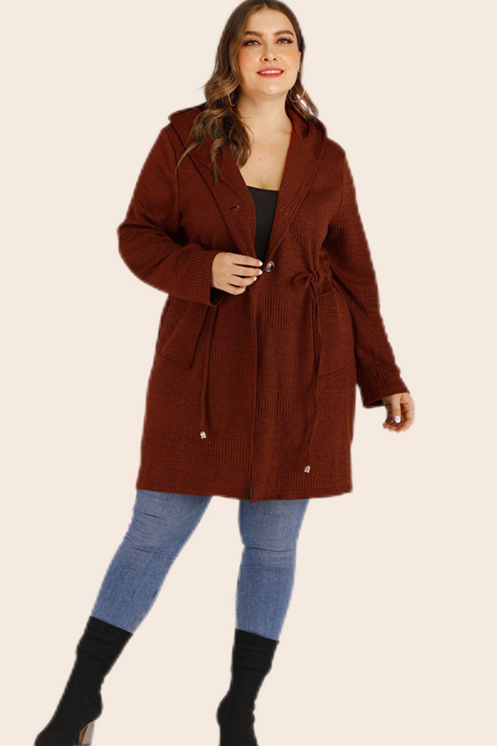 Plus Size Women Drawstring Waist Hooded Cardigan with Pockets