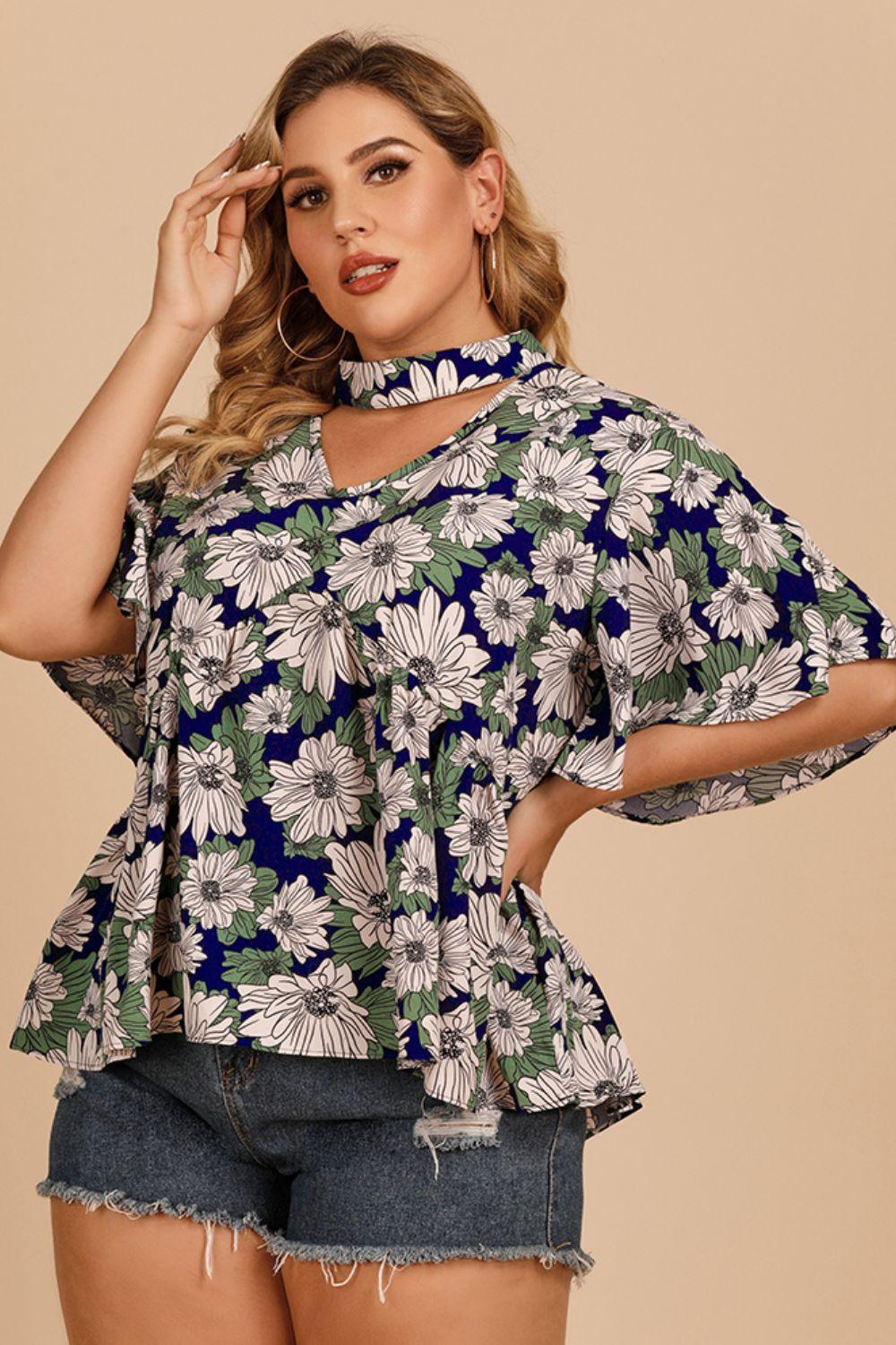 Plus Size Women Floral Flutter Sleeve Cutout Blouse