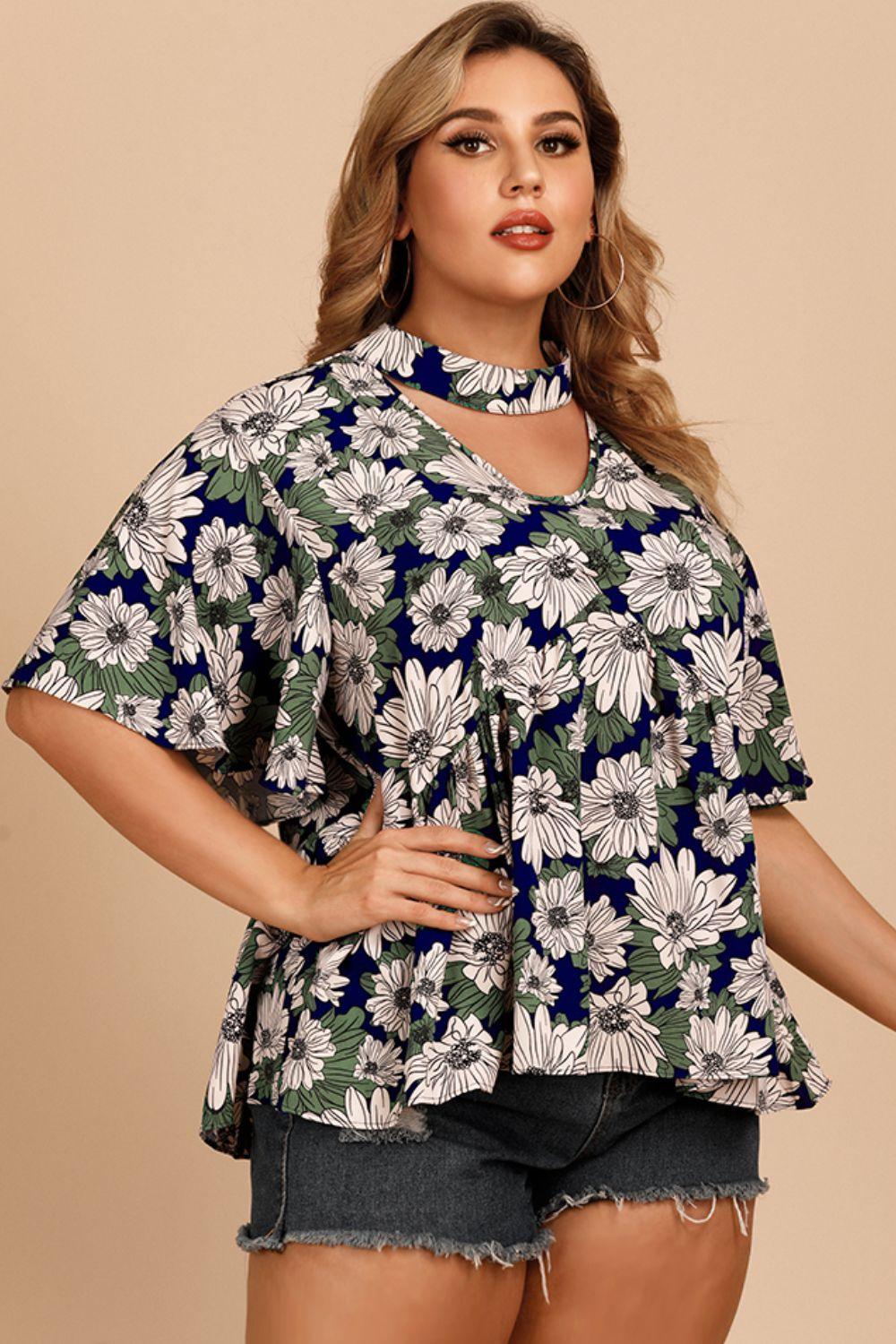 Plus Size Women Floral Flutter Sleeve Cutout Blouse