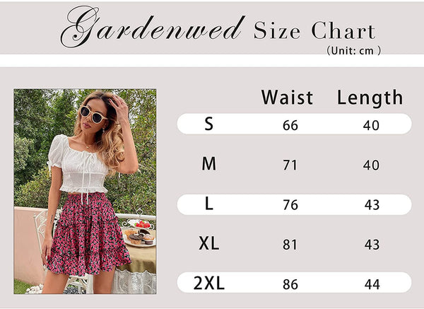 Size Chart Women's Summer Cute Short Skirts Hight Waist Drawstring Floral Print Ruffle A-line Mini Skater Skirt | Gardenwed