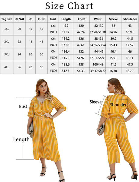 GDCG1003 size chart Women's Short Pants Half Sleeve Stripe Plus Size Jumpsuit | Gardenwed