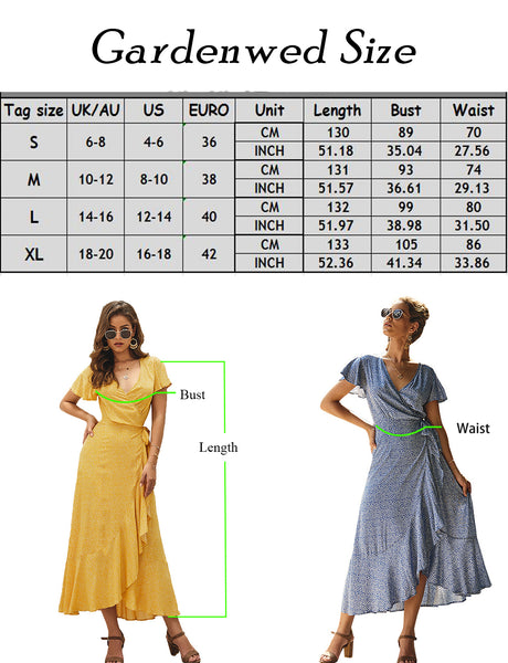 Size Chart Boho V Neck Ruffle Floral Print Wrap Summer Maxi Dress | Gardenwed