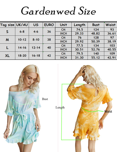 Size Chart Women Summer Short Jumpsuits Loose Casual Short Sleeve Belted Overlay Keyhole Back Tie Dye Jumpsuits Romper with Pockets | Gardenwed