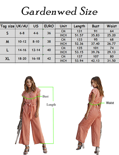 size chart Women's Rompers Short Sleeve Stripe Wide Leg Jumpsuits | Gardenwed