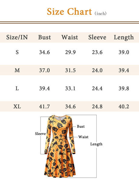 GDX1004 Size Chart Casual Dress Vintage style Long Sleeve Halloween Pattern Party Dress | Gardenwed
