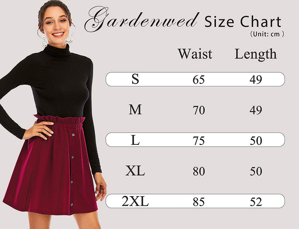 Size Chart A-Line High Waist Pleated Button Mini Skirt with Elastic Band | Gardenwed