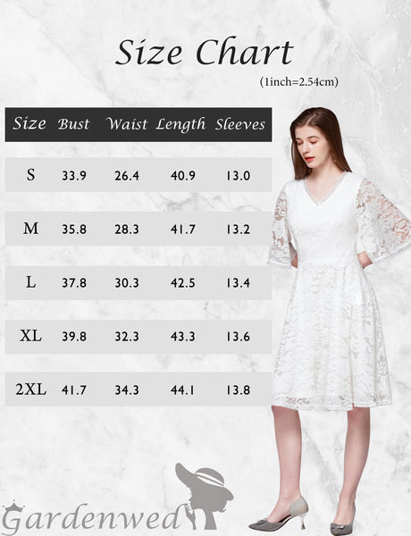 Size Chart TLQC1006 V-neck Bell Sleeve A-line Knee Length Lace Cocktail Party Wedding Homecoming Prom Bridesmaid Dress | Gardenwed