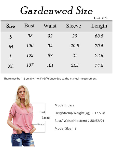 Size Chart Women's Summer Top Tie Sleeve V-Neck Loose Casual Blouse | Garedenwed