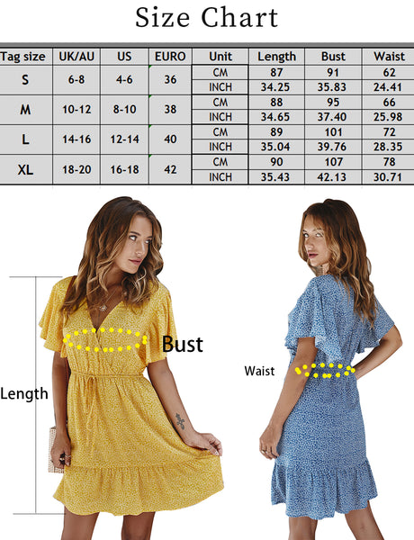 size chart Summer V-neck A-line women's floral print fashionable short casual dress | Gardenwed