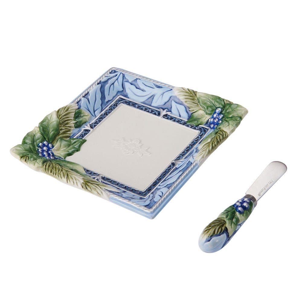 Holiday Home Blue Appetizer Plate with Spreader Set