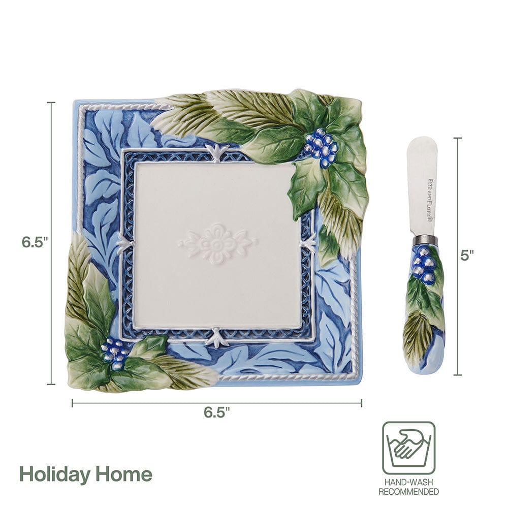 Holiday Home Blue Appetizer Plate with Spreader Set