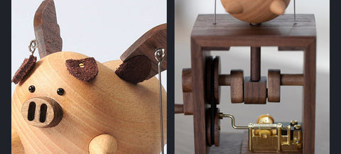 HandCrank Wooden Flying Pig Wooden Music Box