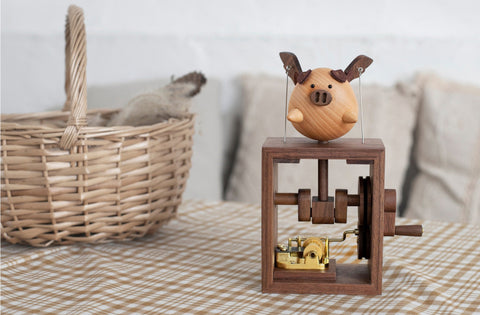 HandCrank Wooden Flying Pig Wooden Music Box