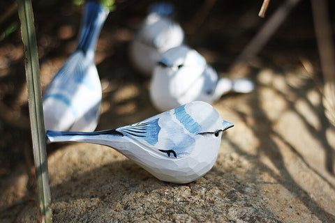 Handmade Carved Wooden Azure Tit Bird Figurine