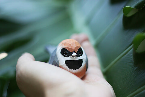 Handmade Carved Wooden Black-throated Bushtit Bird Figurine