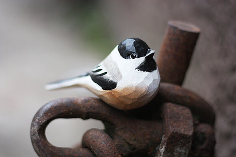 Handmade Carved Wooden Black-capped Chickadee Bird Figurine