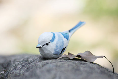 Handmade Carved Wooden Azure Tit Bird Figurine