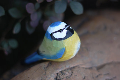 Handmade Carved Wooden Eurasian Blue Tit Bird Figurine