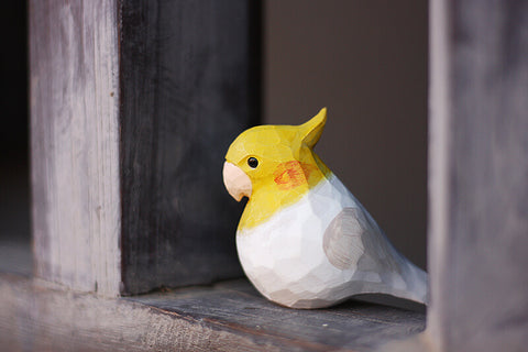 Handmade Carved Wooden Cockatiel Bird Figurine