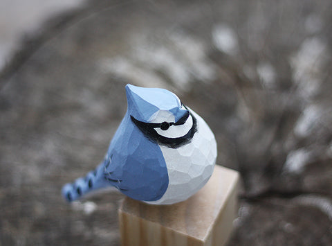 Handmade Carved Wooden Blue Jay Bird Figurine