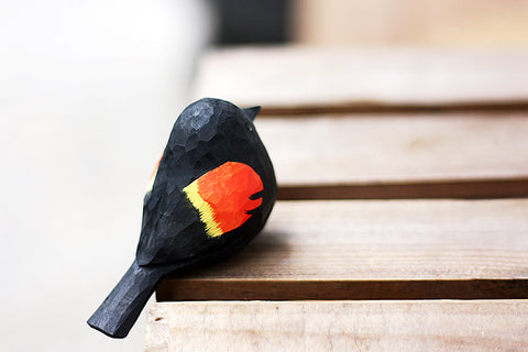 Handmade Carved Wooden Red-winged Blackbird Figurine
