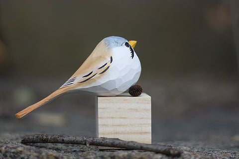 Handmade Carved Wooden Bearded Reedling Bird Figurine