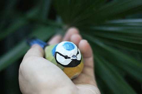 Handmade Carved Wooden Eurasian Blue Tit Bird Figurine