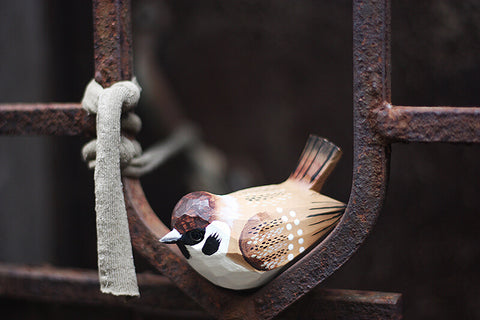 Handmade Carved Wooden House Sparrow Bird Figurine