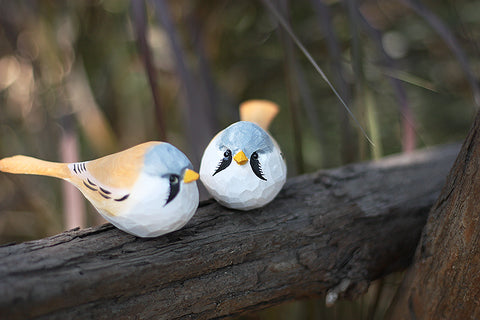 Handmade Carved Wooden Bearded Reedling Bird Figurine