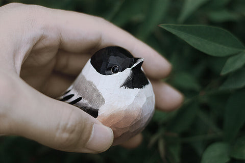 Handmade Carved Wooden Black-capped Chickadee Bird Figurine