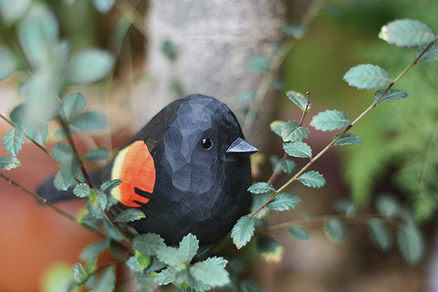 Handmade Carved Wooden Red-winged Blackbird Figurine