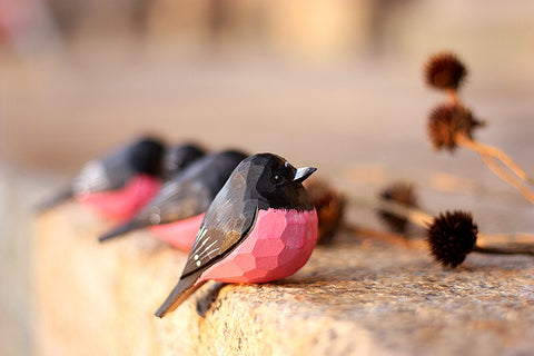 Handmade Carved Wooden Pink Robin Bird Figurine