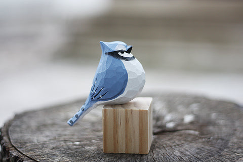 Handmade Carved Wooden Blue Jay Bird Figurine