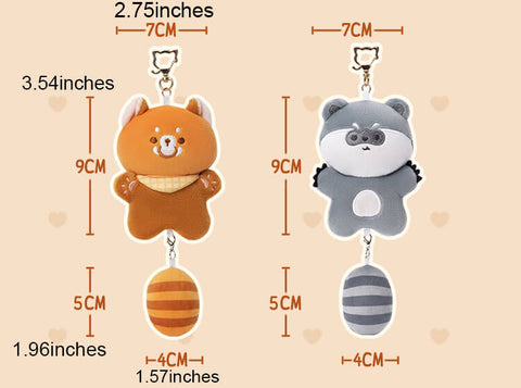 Cute Raccoon & Red Panda Bag Charm with Magnet, Plush Keychain