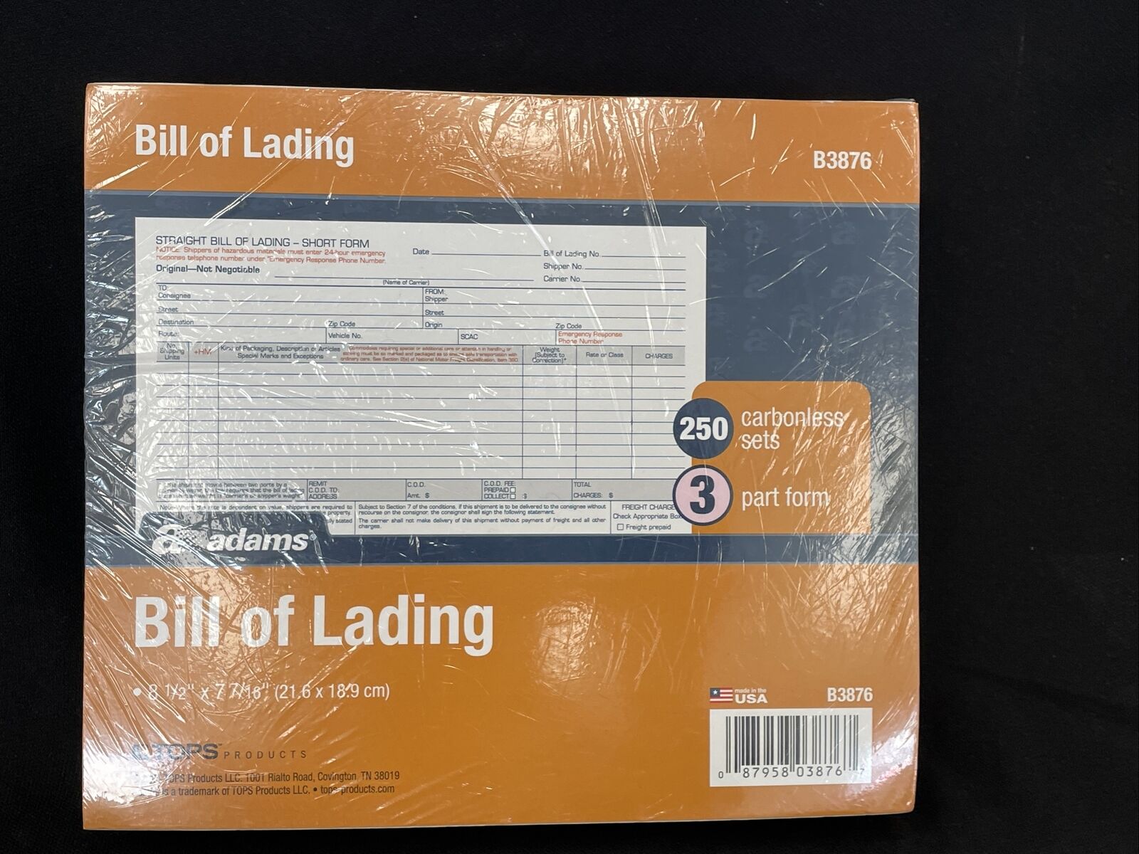 Adams 3 Part Carbonless Bill of Lading Pack Of 250 Forms Slips B3876 New