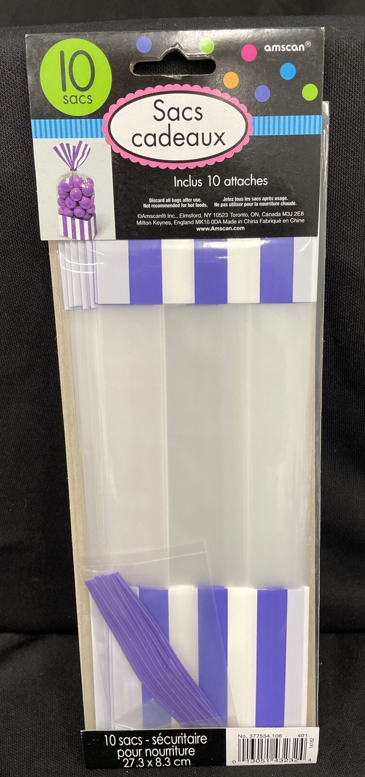 Amscan Purple & White Striped Party Bag W/Twist Ties Measures 3.1