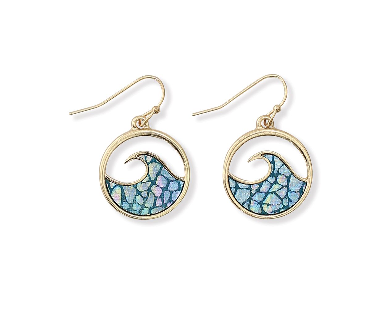 Gold Round Blue Mosaic Waves Earrings