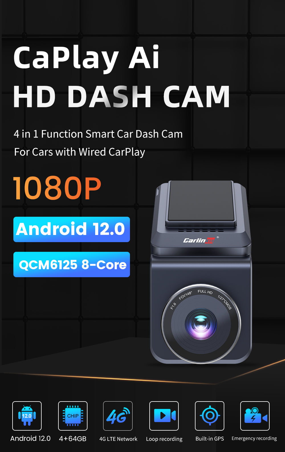 CarlinKit Dash Cam with Wireless CarPlay & Wireless Android Auto Adapter  Dash Camrea, 4G+64G, Built in GPS, Support , Netflix