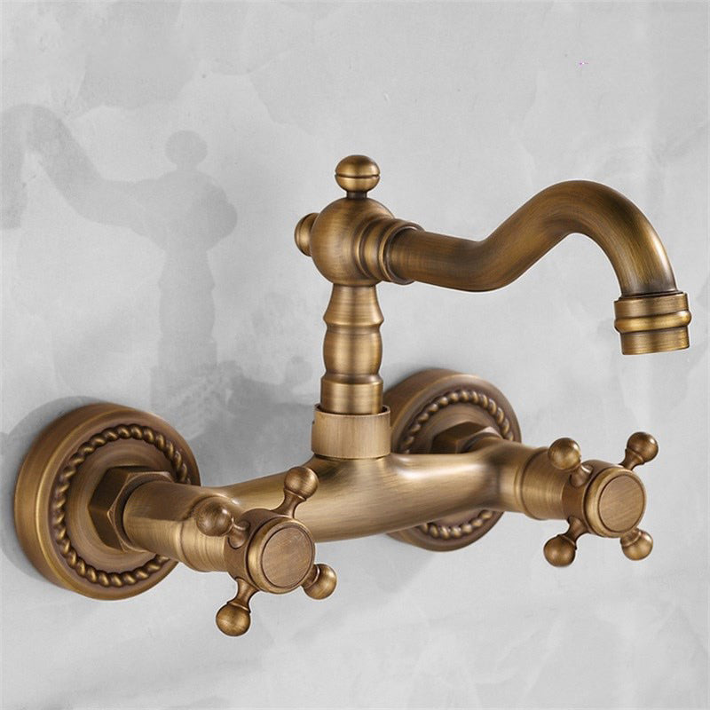 Bathroom Faucet Wall Mounted Dual Handle Antique Copper Mixer Tap