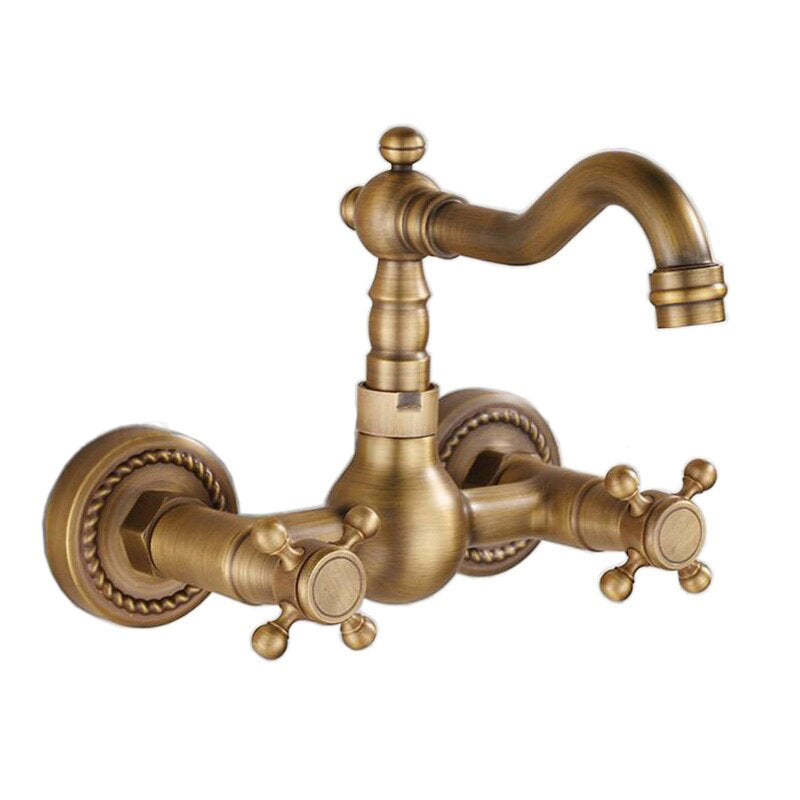 Bathroom Faucet Wall Mounted Dual Handle Antique Copper Mixer Tap