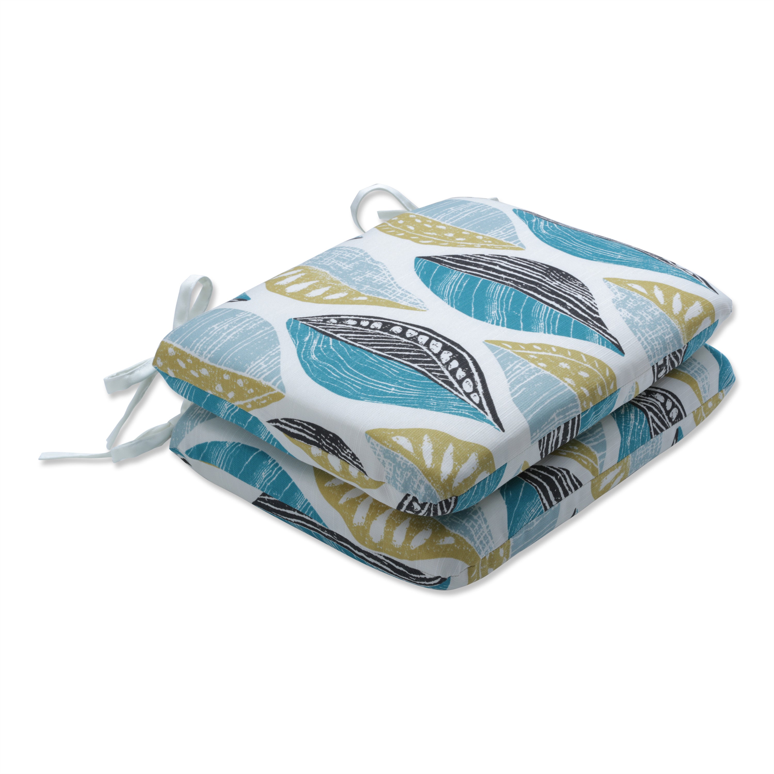 Leaf Block Teal/Citron Rounded Corners Seat Cushion (Set Of 2)