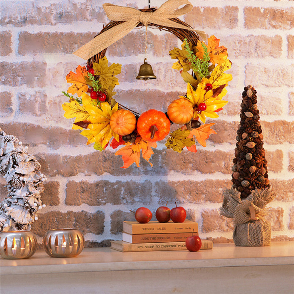 Autumn Harvest Hanging Pumpkin Garland Wreath w/Bell For Halloween Party Decor
